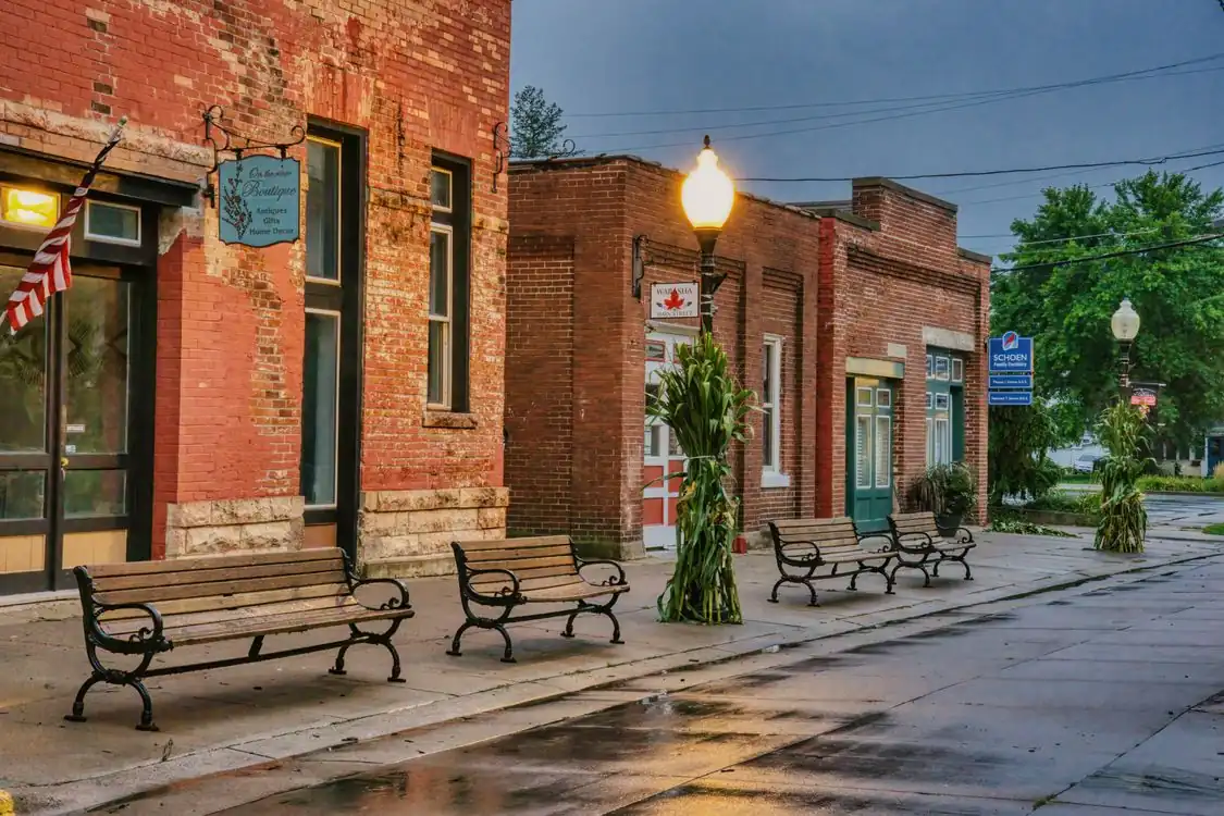 Historic downtown main street with brick storefront buildings