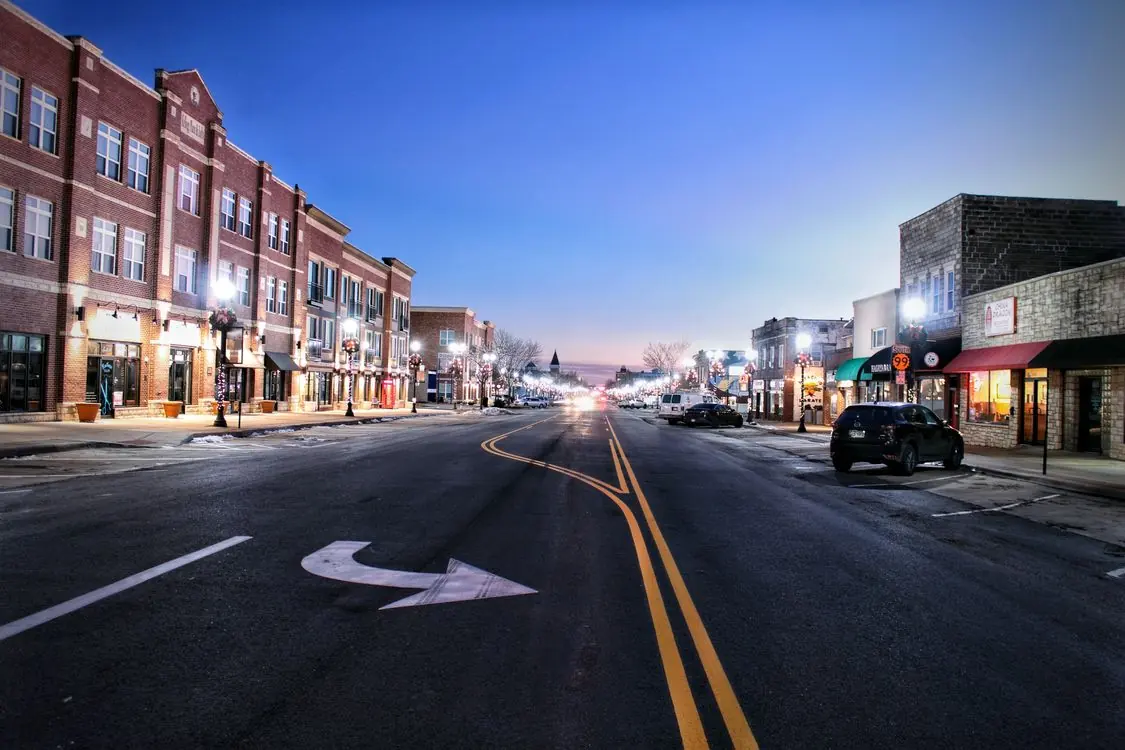 Small-town main street in the evening