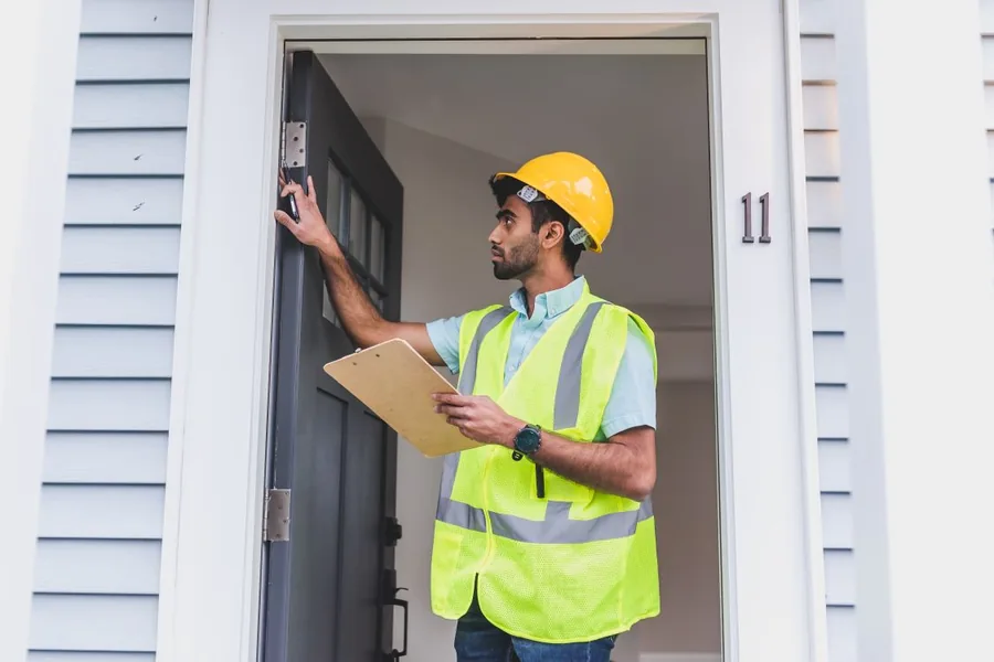 Home inspector in a safety vest and hard hat checking a front door frame outdoors at a Waco home