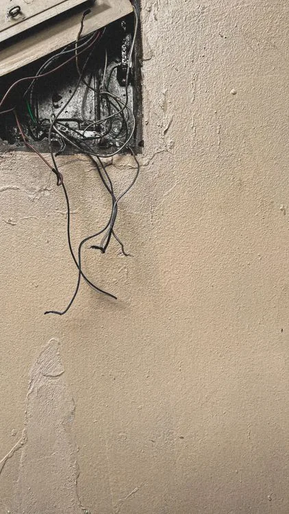 Electrical wiring chewed by rodents in a wall