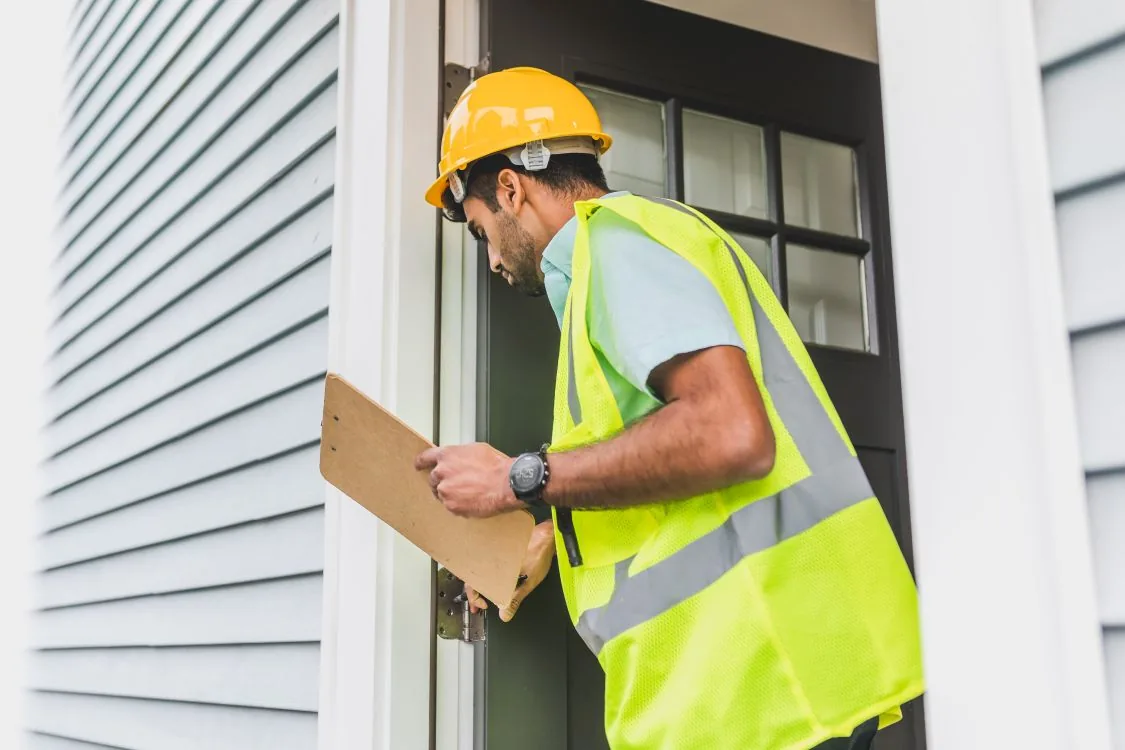 Technician with a flashlight inspecting an attic for rodent signs