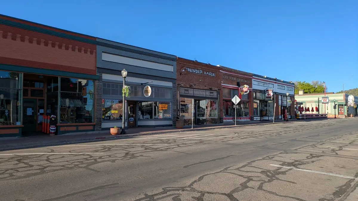 Small-town main street with shops and buildings